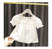 女宝宝蕾丝花边白色短袖上衣2022儿童夏装薄款女童，透气棉布娃娃衫