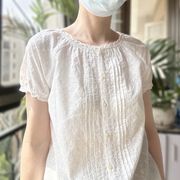 日本earthmusic小清新森系刺绣白色短袖娃娃衫纯棉圆领绣花衬衫