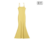 黄色吊带连衣裙纯欲性感修身显瘦包臀连衣裙女长款裙子