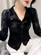 法式时尚洋气气质名媛Polo领网纱丝绒长袖衬衫女春装修身上衣