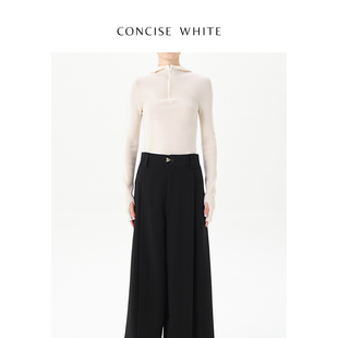 CONCISE-WHITE简白羊毛针织拉链连帽衫长袖女修身秋冬设计师女