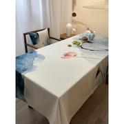 桌布水墨画荷花新中式日式桌布加厚棉麻椅垫书，桌布棉麻长方形家用