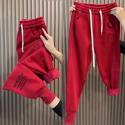 加绒加厚红色卫裤女冬季宽松束脚哈伦裤，高腰显瘦休闲运动裤