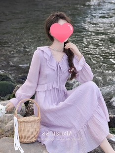 裙子长裙法式气质淑女，温柔香芋紫色喇叭袖v领雪纺连衣裙女春