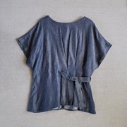 蝙蝠袖短袖衬衫女设计感系带天丝牛仔，显瘦2023夏季款慵懒风衬衣
