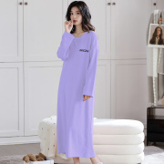 睡裙女款2024春款纯棉，长袖紫色春秋款长裙，到脚踝超长款睡衣裙