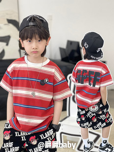 23夏季日系潮男儿童装宽松休闲红色条纹字母上衣帅气短袖T恤