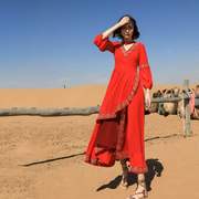 仙女复古民族风沙漠长裙，衣成森林海边度假拍照旅行红色连衣裙578
