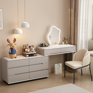 岩板实木烤漆主卧梳妆台斗柜一体，卧室高级感现代简约化妆桌白灰色