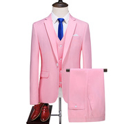 粉红男士修身西服三件套春季款纯色粉色新郎礼服，结婚西装休闲裤子