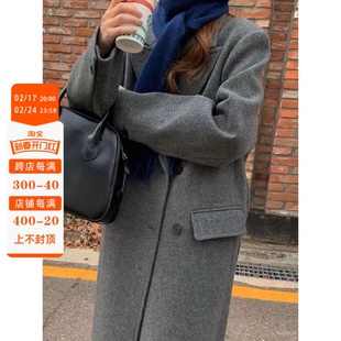 2023秋冬韩版高端西装式，双面羊绒大衣女高级灰色，加厚毛呢外套