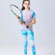 小轻风夏薄款女孩儿童撞花色，短袖瑜伽服套装网球运动衣健身裤速干