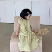 夏季女童2024韩版百搭洋气两件绿色套装女可爱抽绳无袖套裙