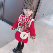女童唐装汉服套装儿童中国风旗袍裙冬装女宝宝新年加厚拜年服古风