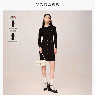 VGRASS重工扭花高领针织连衣裙冬季正式场合黑色