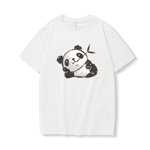 中国风纯棉国潮大熊猫图案短袖男女夏季宽松半袖体恤白色ins潮t恤