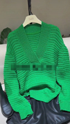 秋冬季V领绿色宽松毛衣女港味慵懒复古加厚针织罩衫时髦百搭