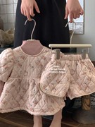 粉色女童衍缝玫瑰套装高领泡泡袖外套上衣短裤打底衫三件套装2023