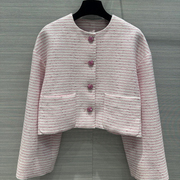 粉色小香风短外套女2024春装气质法式设计感小众温柔名媛条纹上衣