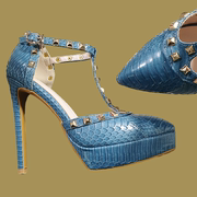 15cm蓝色真蛇皮细跟凉鞋包头防水台尖头高跟鞋女夏季拉丁欧笠女鞋