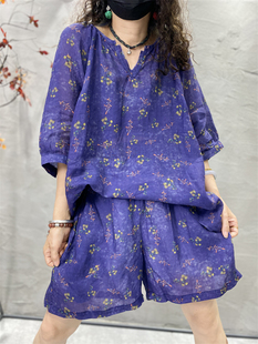 欧货高贵紫色麻料套装女夏款 时尚显瘦大码宽松百搭气质两件套潮