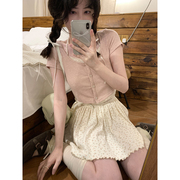 ptonumi肉桂粉茶粉色短袖短款t恤女夏修身(夏修身)休闲套装半身裙两件套