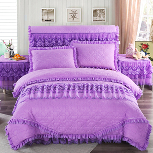 蕾丝夹棉床裙四件套韩版公主，紫色加厚床罩被套刺绣花边婚庆4件套