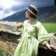 掌染草原创设计减龄装扮纯色系带亚麻大袖7分袖复古连衣裙 山色