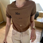 max烫金字母圆领t恤女夏季宽松中长款简约潮牌短袖，百搭五分袖上衣