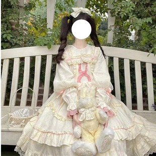 韩菇凉厂原创设计日系lolita洋装中古呲甜纯色op长袖连衣裙