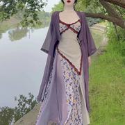 温柔梦幻紫色蕾丝碎花连衣裙，女性感茶歇裙，复古小众气质吊带长裙夏