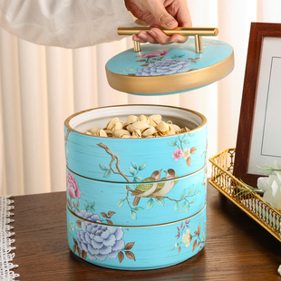 美式多层陶瓷干果盒，欧式茶几水果盘客厅家用坚果零食收纳盒摆件