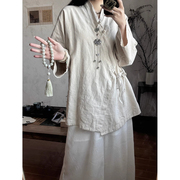 新中式女装春季做旧苎麻，禅意茶服系带上衣中国风，禅意素衣棉麻衬衫