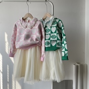 品牌女童镶钻爱心套头毛衣+蓬蓬纱裙连衣裙儿童宝宝两件套装