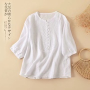 亚麻短袖女t恤宽松夏季白色上衣宽松褶皱，五分袖半袖衬衫棉麻女装
