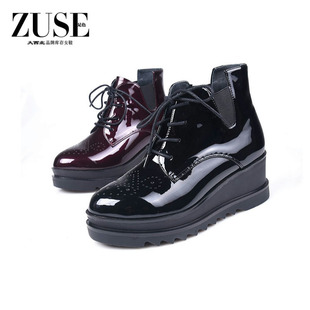 漆皮 Zuse 酒红色高帮系带马丁靴高跟厚底网红内增高短靴8821