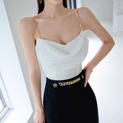 韩国夏设计师衬衫性感低胸吊带上衣堆领修身高级感雪纺衫