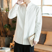 中国风复古中式薄款男士休闲衬衫白色立领上衣长袖改良汉服唐装男