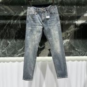 欧洲站夏季男士牛仔裤，薄款小脚修身潮牌个性印花时尚弹力休闲长裤