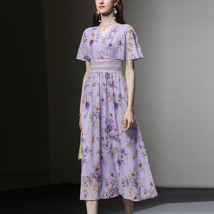 2024夏季时尚v领镂空紫色，印花雪纺长裙，气质名媛风显瘦连衣裙