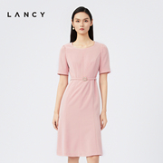lancy朗姿2023夏季法式粉色短袖连衣裙子女，收腰宴会a字裙子