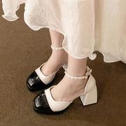 法式黑白拼色超高跟鞋女气质，玛丽珍珠鞋，2023秋季方头粗跟单鞋