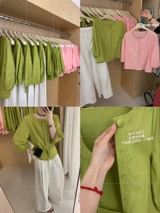 2024年夏季苎麻宽松上衣泡泡袖七分袖韩系显白绿色宽松衬衣女