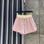 拼接撞色运动短裤女夏季弧形粉色抽绳阔腿裤显瘦外穿打底裤潮