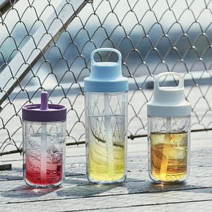 kintotogo系列双层塑料，水瓶手提便携运动水杯自带吸管杯子