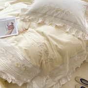 公主风奶油色绣花100支长绒棉四件套纯棉床单被套小清新床上
