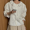 韩国chic春季法式气质圆领拼接蕾丝，花边宽松百搭喇叭袖衬衫上衣女
