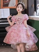 粉红色儿童礼服2023夏季超仙花童婚礼小女孩生日宴主持公主裙