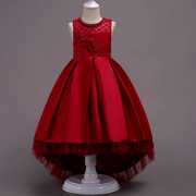 儿童红色礼服公主裙，中大童婚纱拖尾蓬蓬裙，主持人连衣裙钢琴演出服
