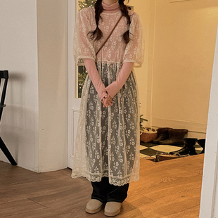 韩国chic春季少女粉色高领弹力打底衫+透明网纱连衣裙两件套装女